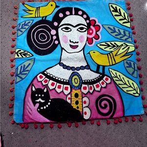 Frida Kahlo inspired hand embroidered yarn art blue and pink pillow cover